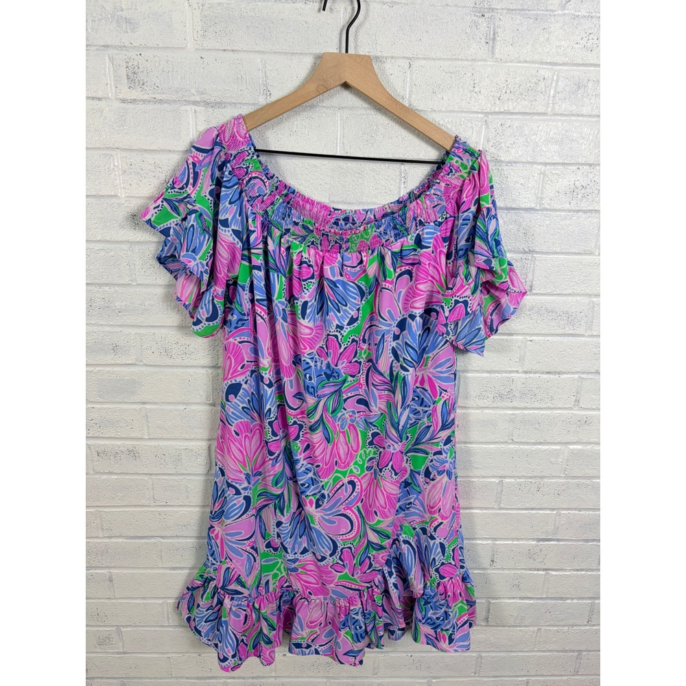 Lilly Pulitzer Maddlyn Stretch Dress Womens XL Pink Floral Off Shoulder Ruffle